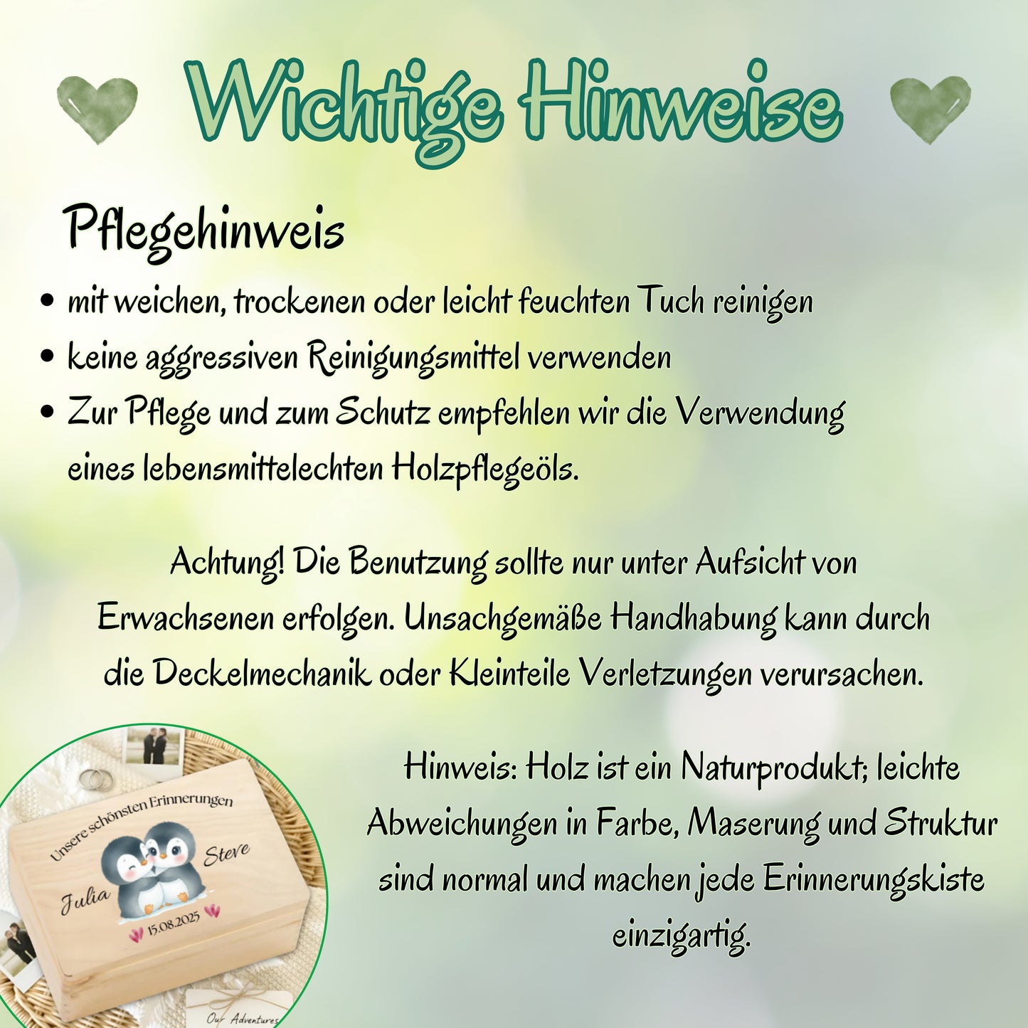 Personalisierte Erinnerungskiste Pinguine - Geschenk für Paare Valentinstag