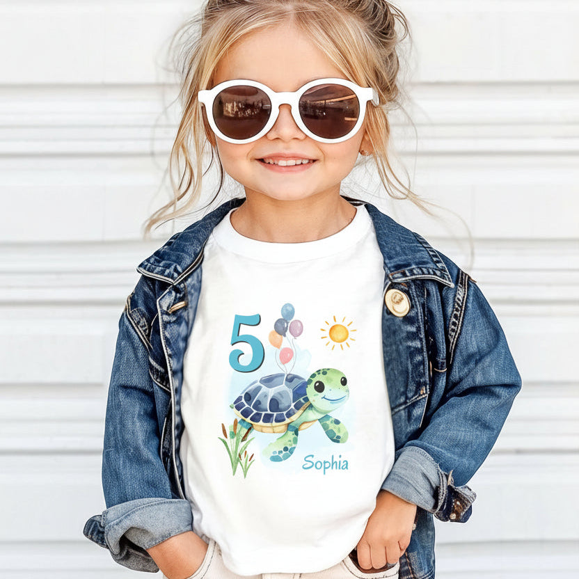 Geburtstagsshirt Schildkröte mit Name & Zahl | Personalisiertes T-Shirt zum Kindergeburtstag
