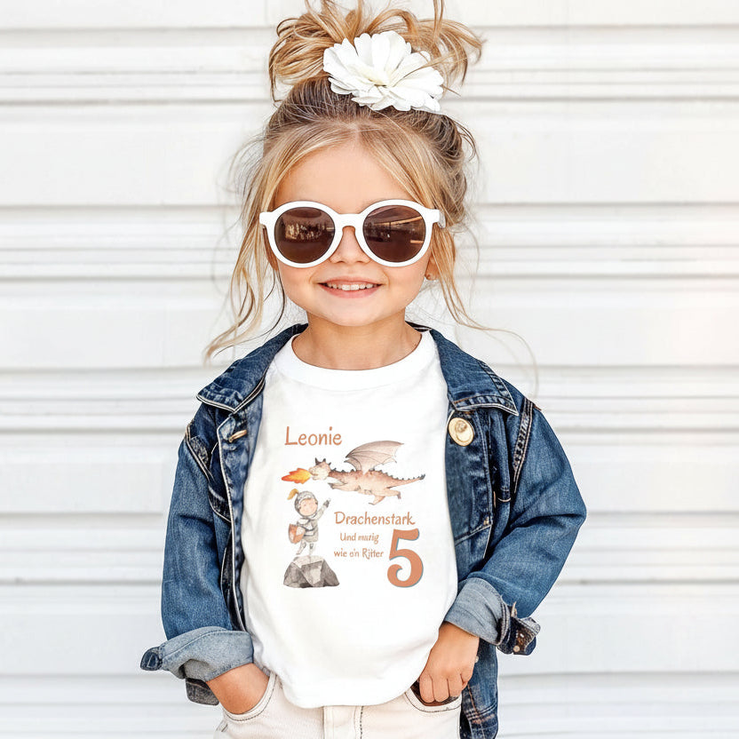 Geburtstagsshirt Drachen & Ritter mit Name & Zahl | Personalisiertes T-Shirt zum Kindergeburtstag