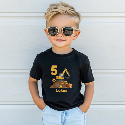 Geburtstagsshirt Bagger mit Name & Zahl | Personalisiertes T-Shirt zum Kindergeburtstag
