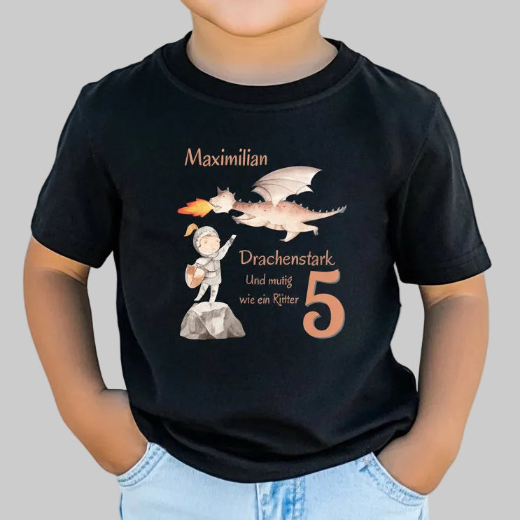 Geburtstagsshirt Drachen & Ritter mit Name & Zahl | Personalisiertes T-Shirt zum Kindergeburtstag