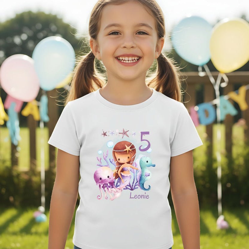 Geburtstagsshirt Meerjungfrau mit Name & Zahl | Personalisiertes T-Shirt zum Kindergeburtstag