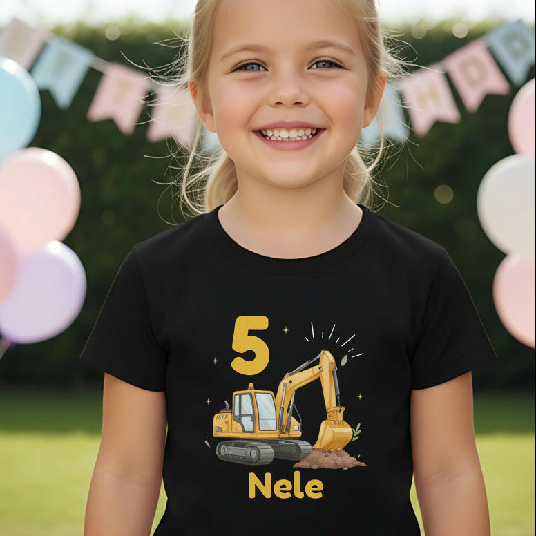 Geburtstagsshirt Bagger mit Name & Zahl | Personalisiertes T-Shirt zum Kindergeburtstag