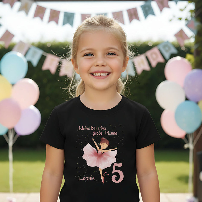 Geburtstagsshirt Ballerina mit Name & Zahl | Personalisiertes T-Shirt zum Kindergeburtstag