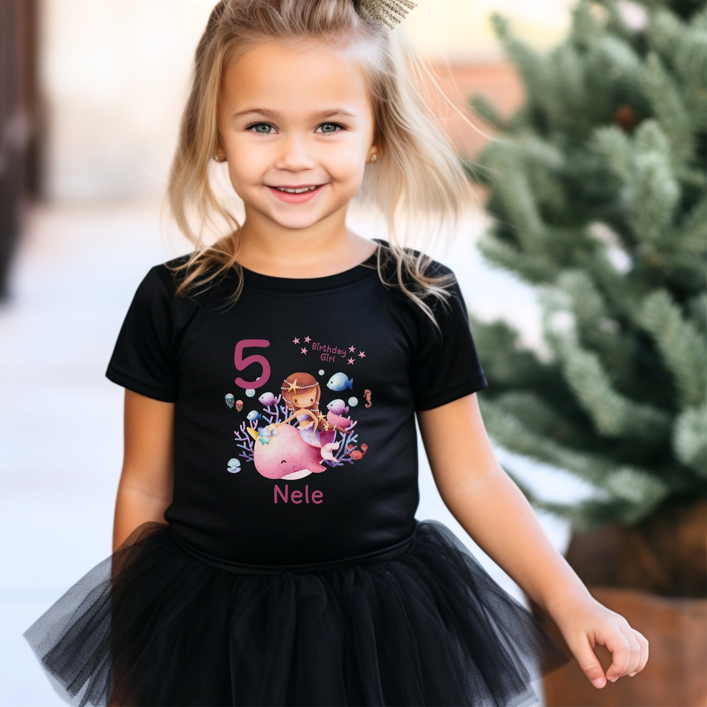Geburtstagsshirt Meerjungfrau Wal mit Name & Zahl | Personalisiertes T-Shirt zum Kindergeburtstag
