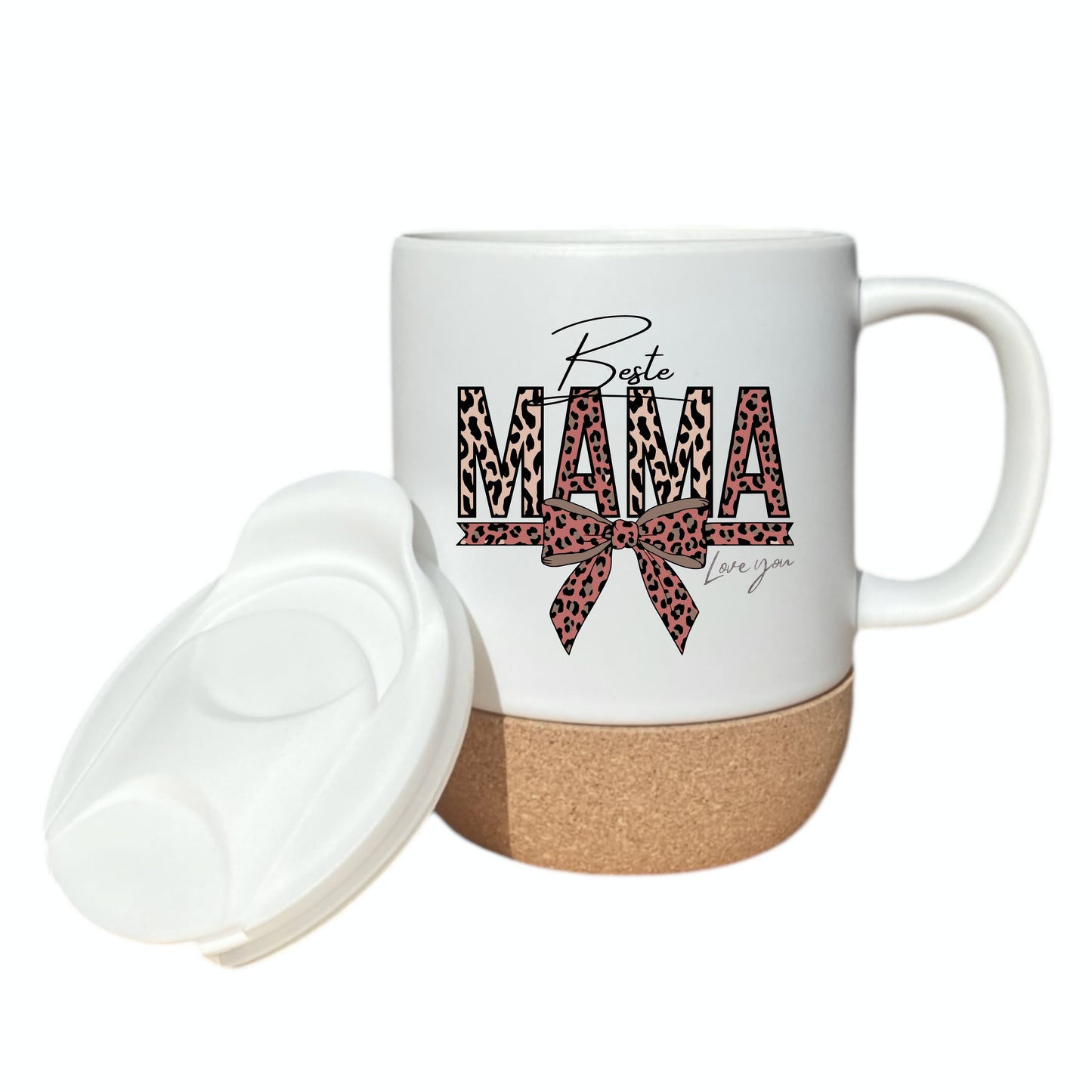 Korktasse Beste Mama Love You mit Leoparden-Print & Schleife | Geschenk Mama Muttertag