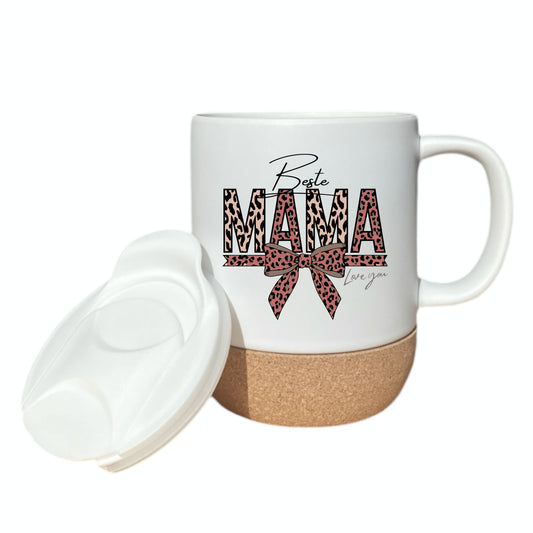 Korktasse Beste Mama Love You mit Leoparden-Print & Schleife | Geschenk Mama Muttertag
