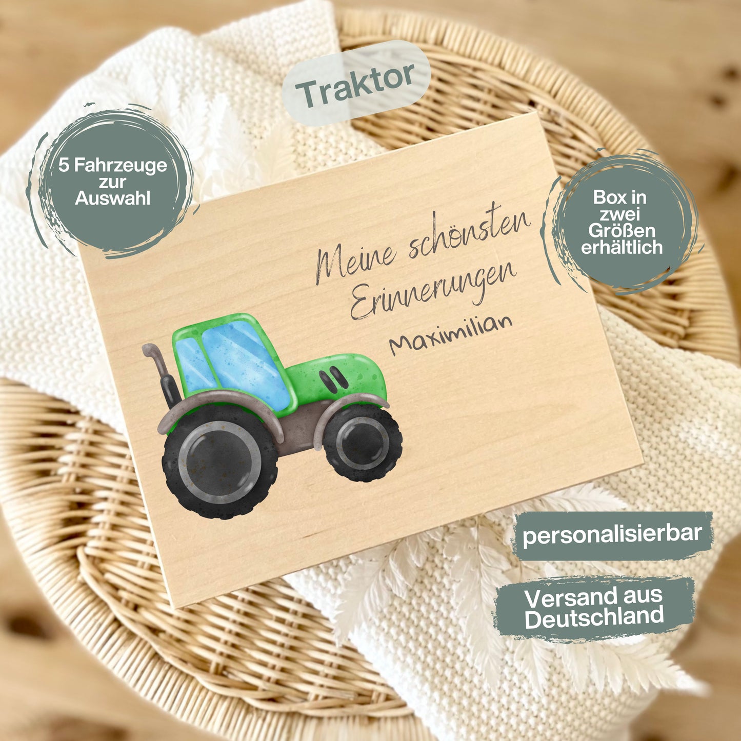 Holzkiste Kinder personalisiert mit Namen | Fahrzeuge Erinnerungskiste Geburt & Taufe