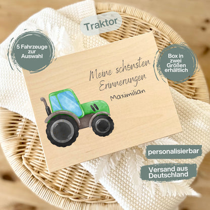 Holzkiste Kinder personalisiert mit Namen | Fahrzeuge Erinnerungskiste Geburt & Taufe