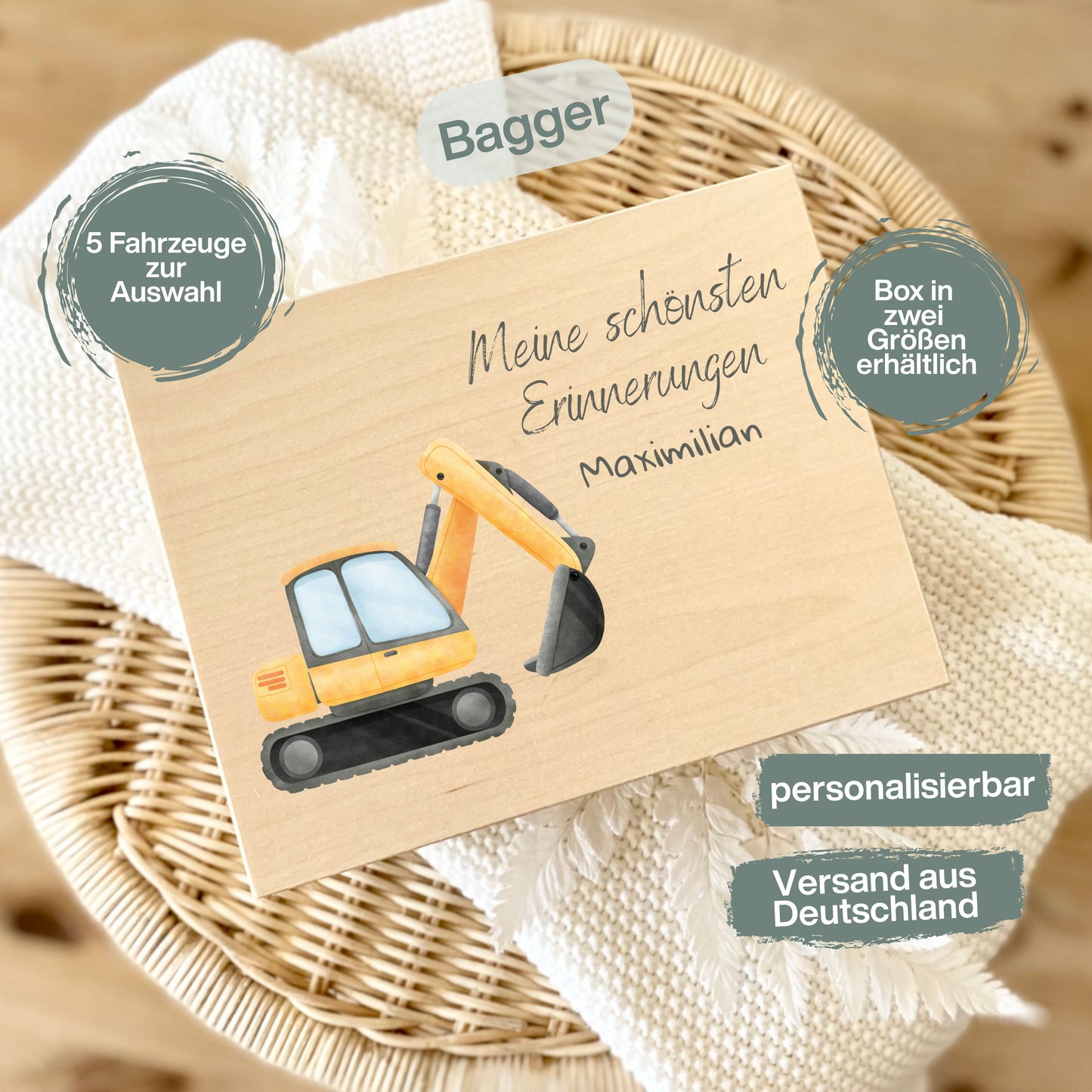 Holzkiste Kinder personalisiert mit Namen | Fahrzeuge Erinnerungskiste Geburt & Taufe