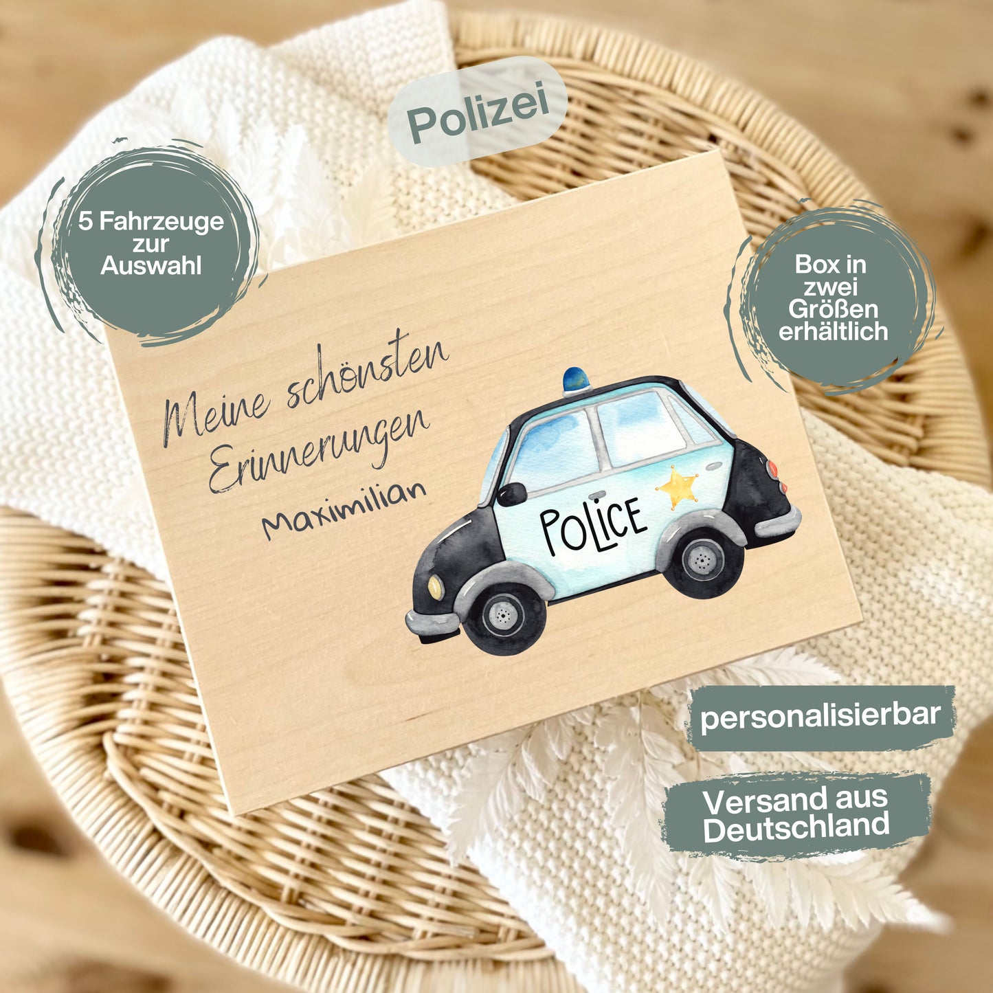 Holzkiste Kinder personalisiert mit Namen | Fahrzeuge Erinnerungskiste Geburt & Taufe
