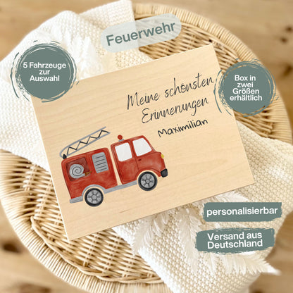 Holzkiste Kinder personalisiert mit Namen | Fahrzeuge Erinnerungskiste Geburt & Taufe