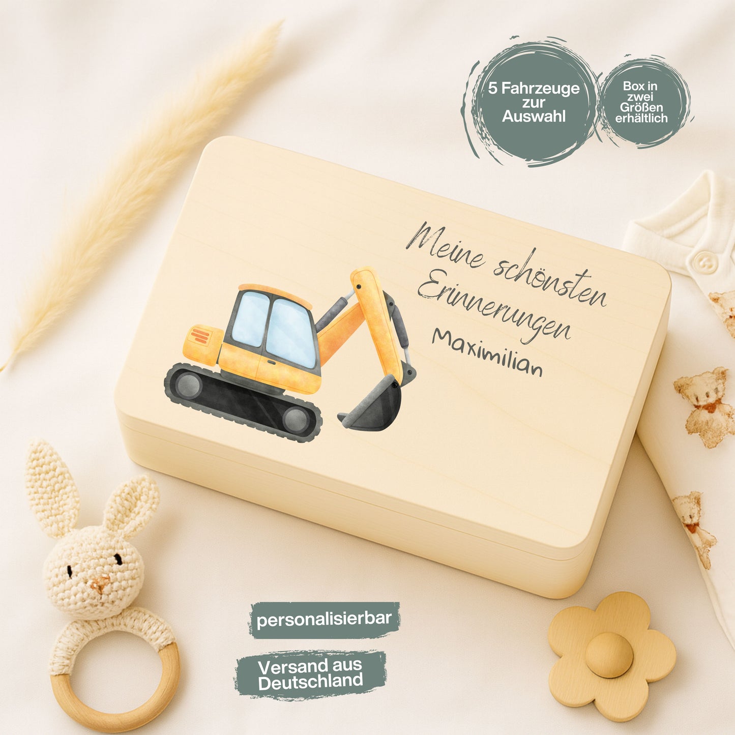 Holzkiste Kinder personalisiert mit Namen | Fahrzeuge Erinnerungskiste Geburt & Taufe