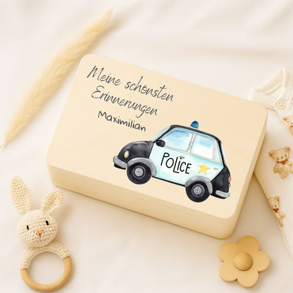 Holzkiste Kinder personalisiert mit Namen | Fahrzeuge Erinnerungskiste Geburt & Taufe