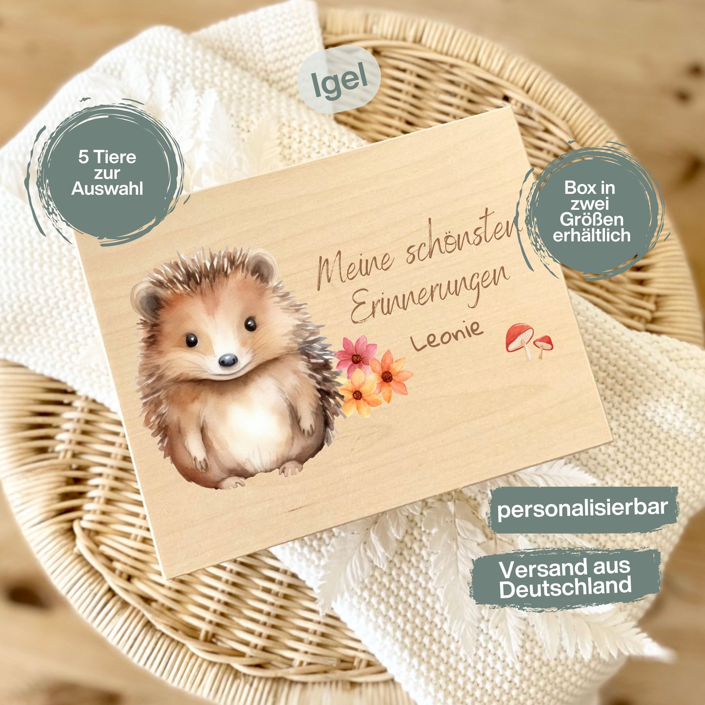 Holzkiste Kinder personalisiert mit Namen | Waldtiere Erinnerungskiste Geburt & Taufe