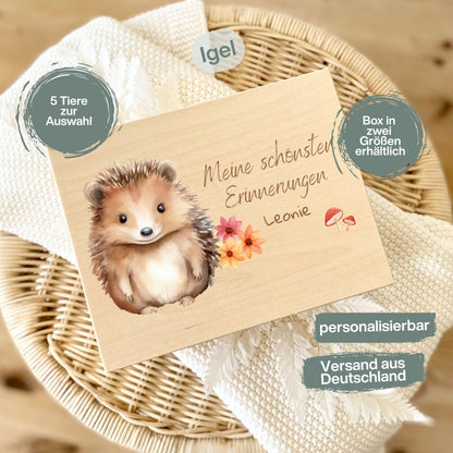 Holzkiste Kinder personalisiert mit Namen | Waldtiere Erinnerungskiste Geburt & Taufe