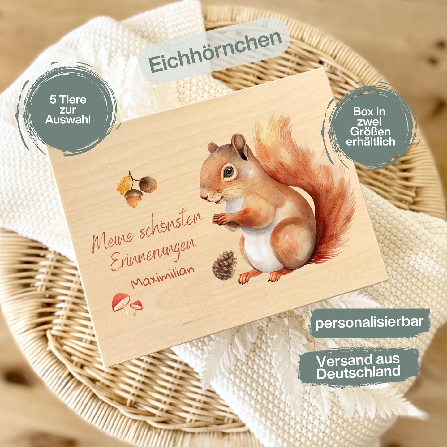 Holzkiste Kinder personalisiert mit Namen | Waldtiere Erinnerungskiste Geburt & Taufe