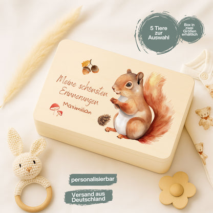 Holzkiste Kinder personalisiert mit Namen | Waldtiere Erinnerungskiste Geburt & Taufe