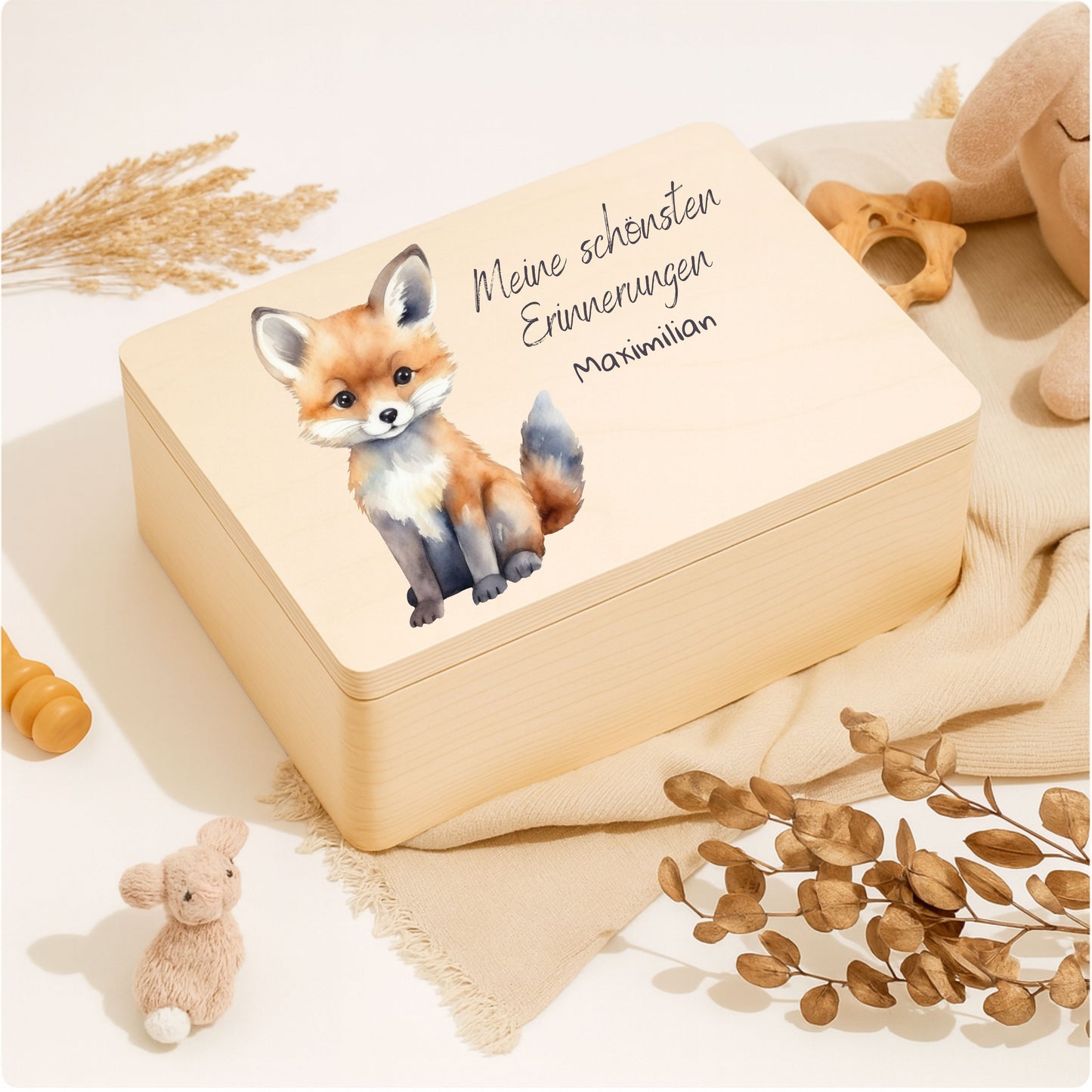 Holzkiste Kinder personalisiert mit Namen | Waldtiere Erinnerungskiste Geburt & Taufe