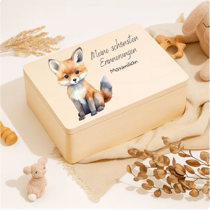 Holzkiste Kinder personalisiert mit Namen | Waldtiere Erinnerungskiste Geburt & Taufe