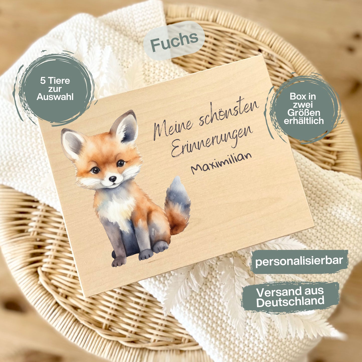 Holzkiste Kinder personalisiert mit Namen | Waldtiere Erinnerungskiste Geburt & Taufe