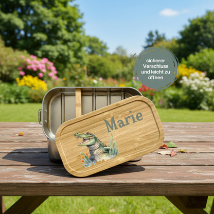 Personalisierte Brotdose Edelstahl Kinder mit Namen | Krokodil Lunchbox Kindergarten & Schule
