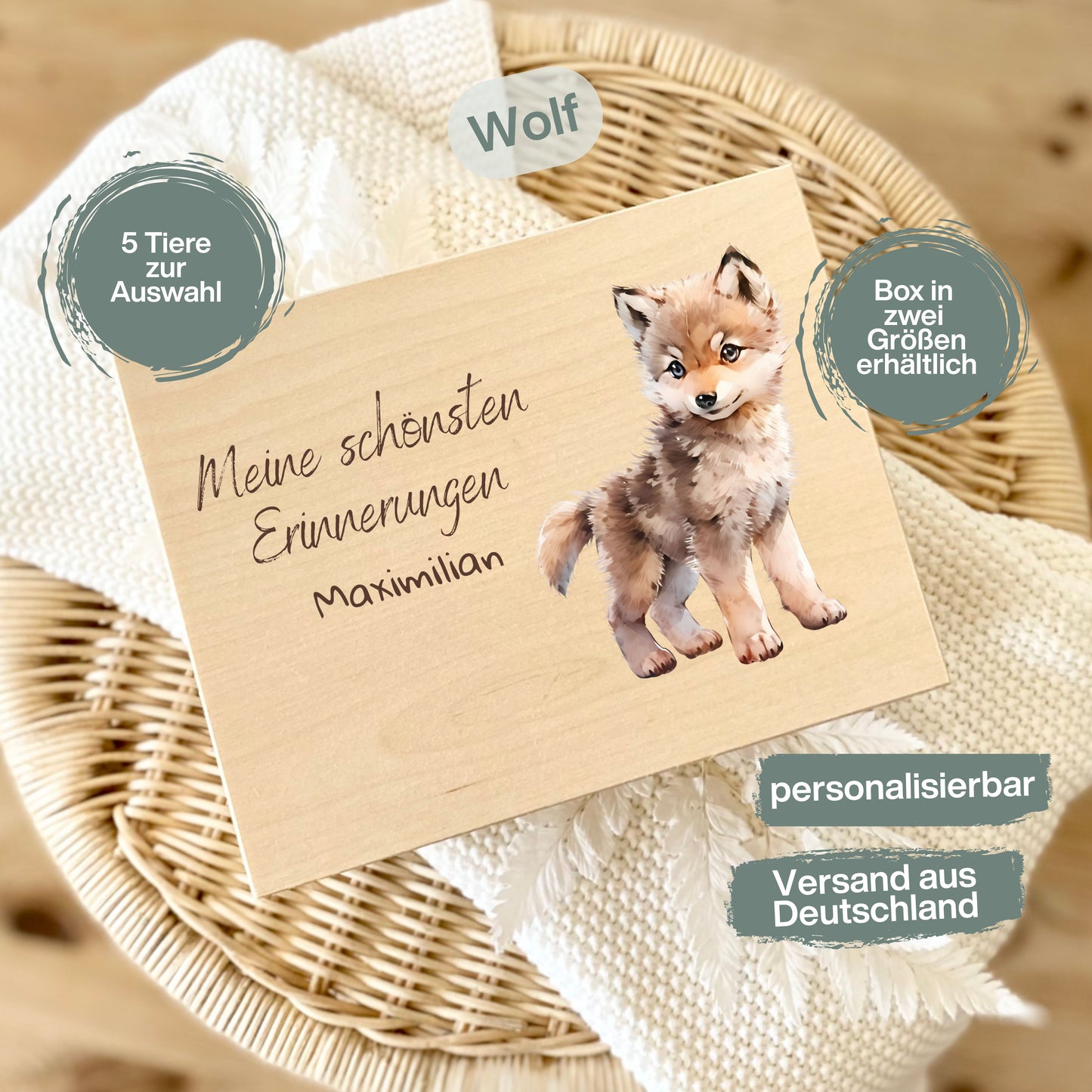 Holzkiste Kinder personalisiert mit Namen | Waldtiere Erinnerungskiste Geburt & Taufe