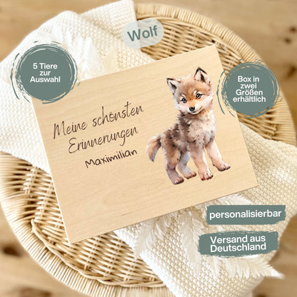 Holzkiste Kinder personalisiert mit Namen | Waldtiere Erinnerungskiste Geburt & Taufe