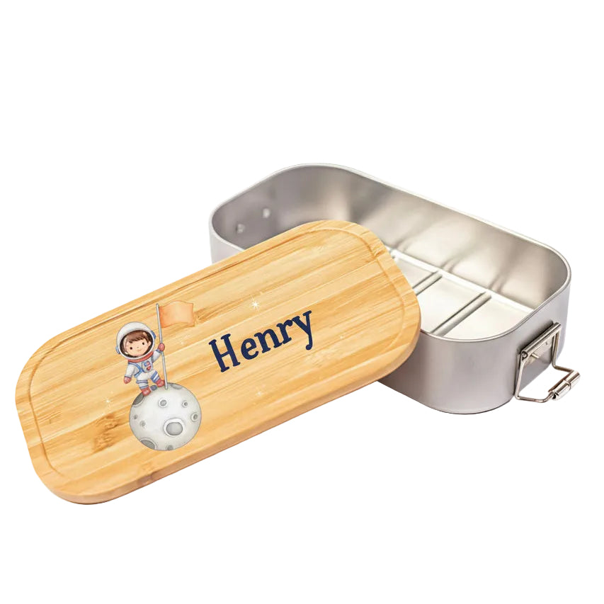 Personalisierte Brotdose Edelstahl Kinder mit Namen | Astronaut Lunchbox Kindergarten & Schule