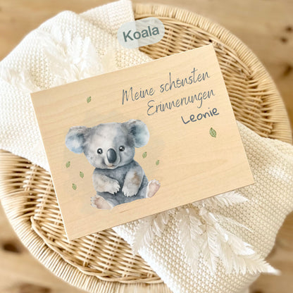 Holzkiste Kinder personalisiert mit Namen | Tierwelt Erinnerungskiste Geburt & Taufe