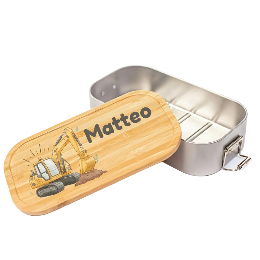 Personalisierte Brotdose Edelstahl Kinder mit Namen | Bagger Lunchbox personalisiert