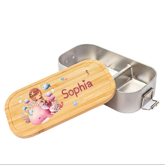 Personalisierte Brotdose Edelstahl Kinder mit Namen | Meerjungfrau Lunchbox Kindergarten & Schule