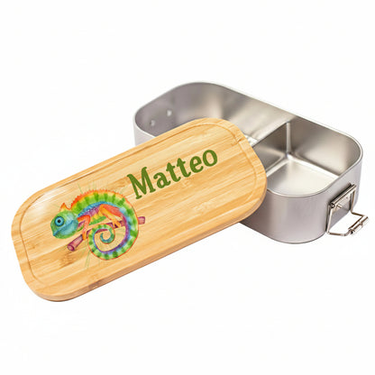 Personalisierte Brotdose Edelstahl Kinder mit Namen | Chamäleon Lunchbox Kindergarten & Schule