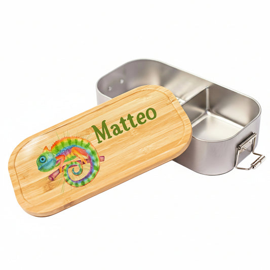 Personalisierte Brotdose Edelstahl Kinder mit Namen | Chamäleon Lunchbox Kindergarten & Schule