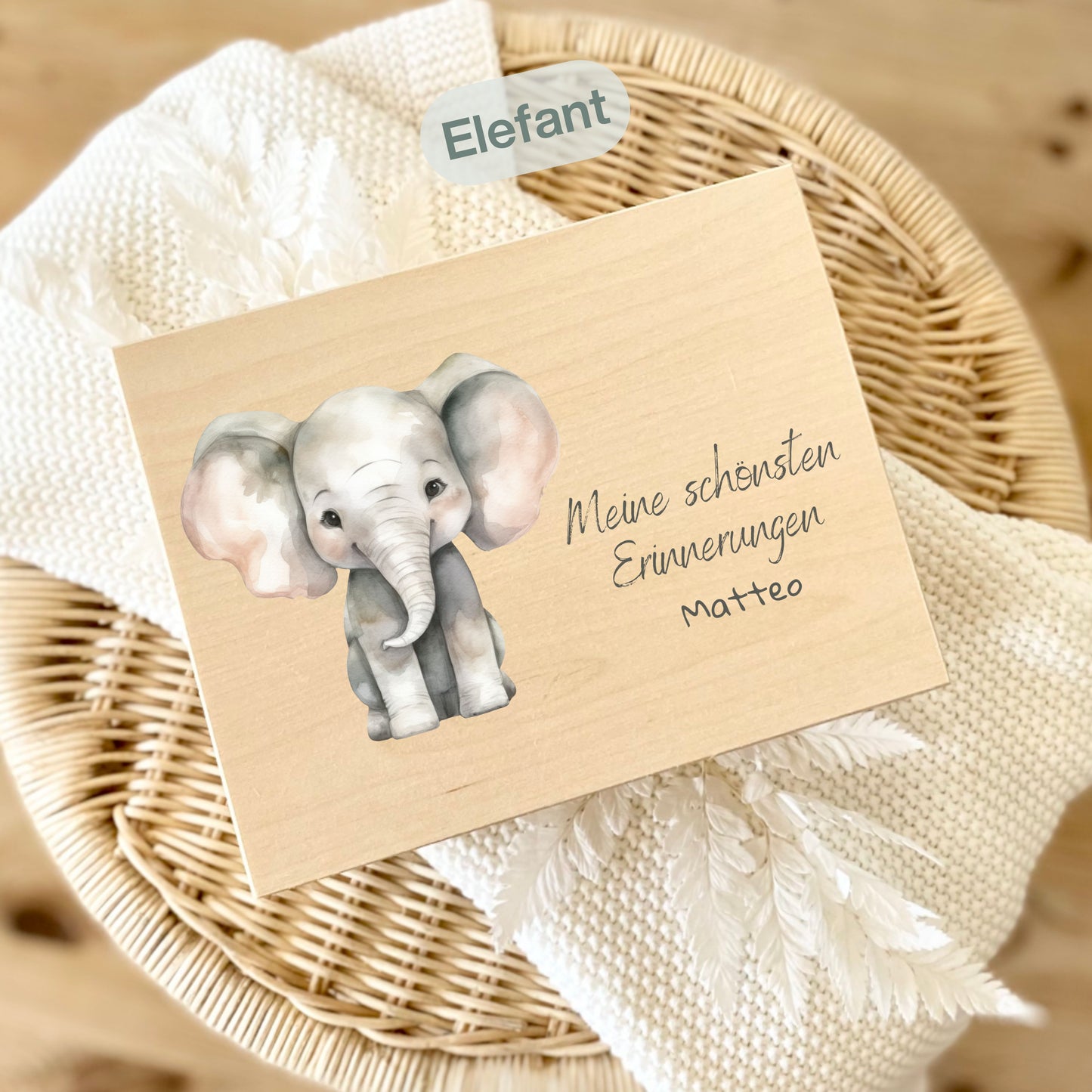 Holzkiste Kinder personalisiert mit Namen | Tierwelt Erinnerungskiste Geburt & Taufe
