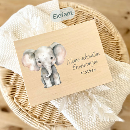 Holzkiste Kinder personalisiert mit Namen | Tierwelt Erinnerungskiste Geburt & Taufe