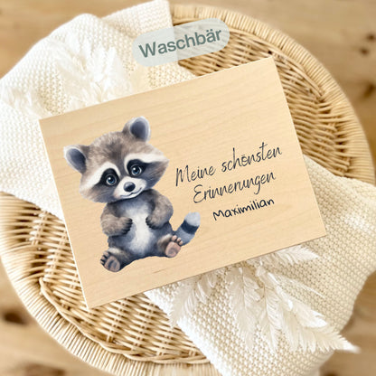 Holzkiste Kinder personalisiert mit Namen | Tierwelt Erinnerungskiste Geburt & Taufe