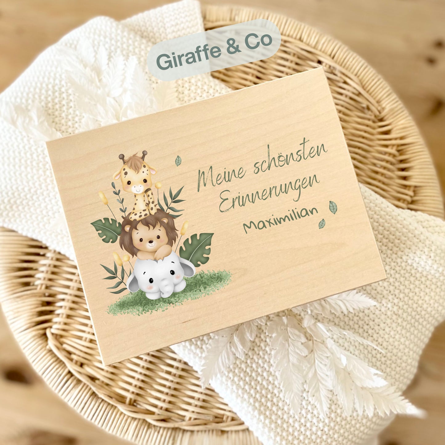 Holzkiste Kinder personalisiert mit Namen | Tierwelt Erinnerungskiste Geburt & Taufe