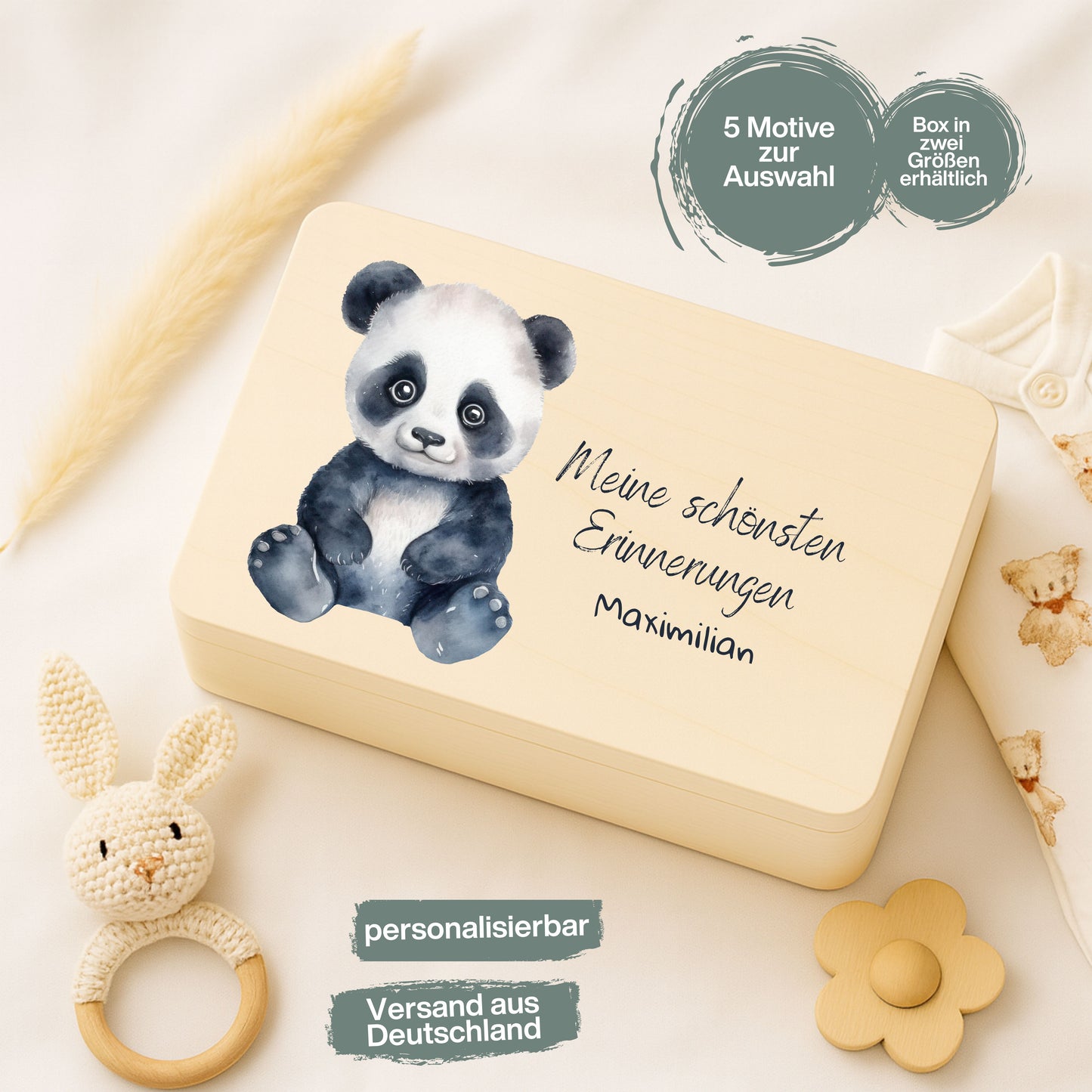 Holzkiste Kinder personalisiert mit Namen | Tierwelt Erinnerungskiste Geburt & Taufe