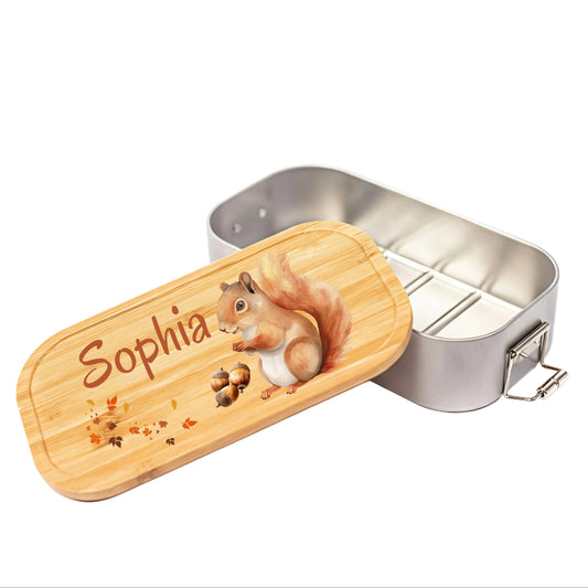 Personalisierte Brotdose Edelstahl Kinder mit Namen | Eichhörnchen Lunchbox Kindergarten & Schule