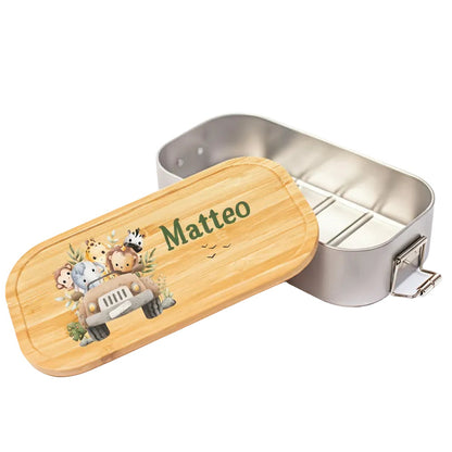 Personalisierte Brotdose Edelstahl Kinder mit Namen | Safari Tiere Lunchbox Kindergarten & Schule