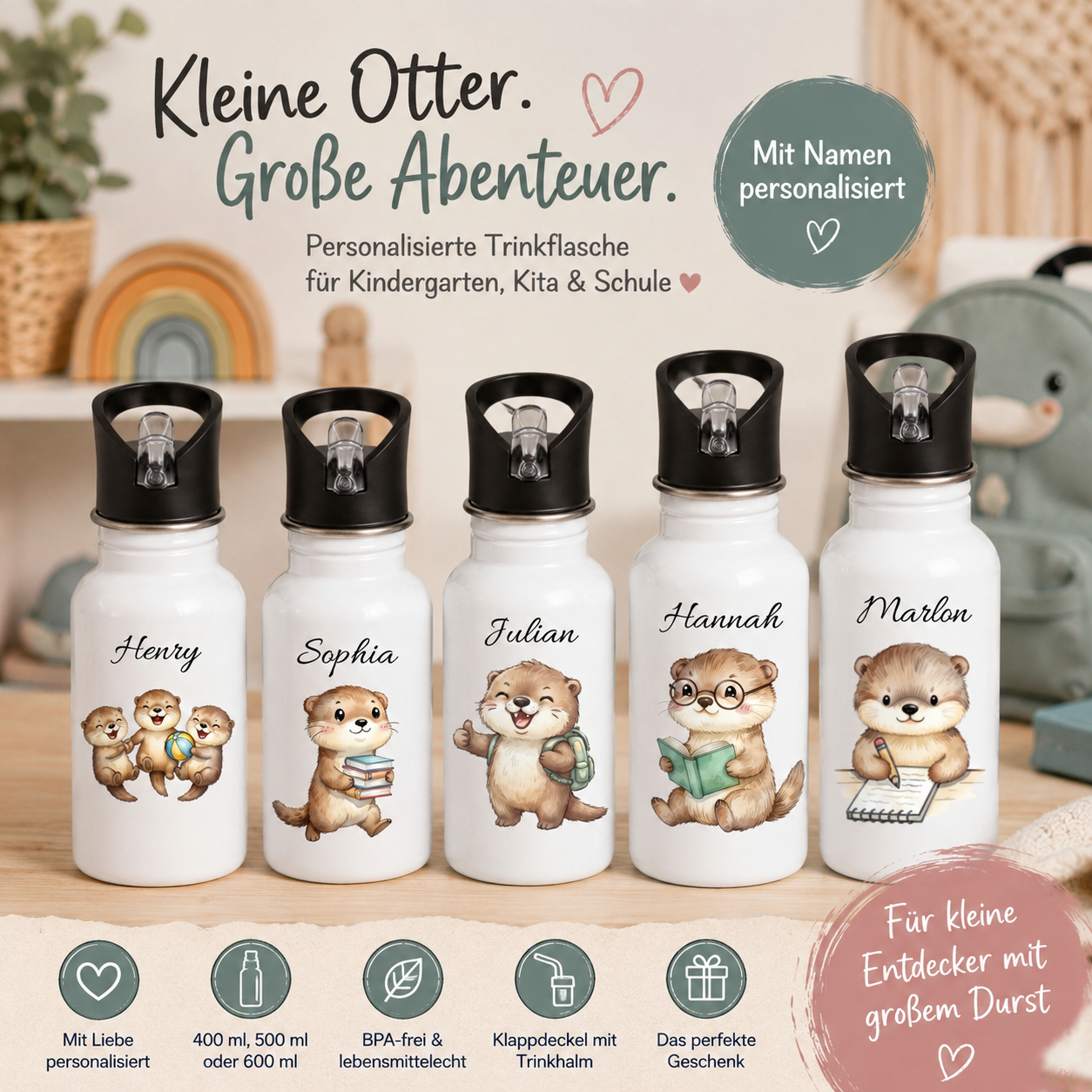 Trinkflasche Kinder personalisiert mit Namen | Otter Kinder Trinkflasche Edelstahl