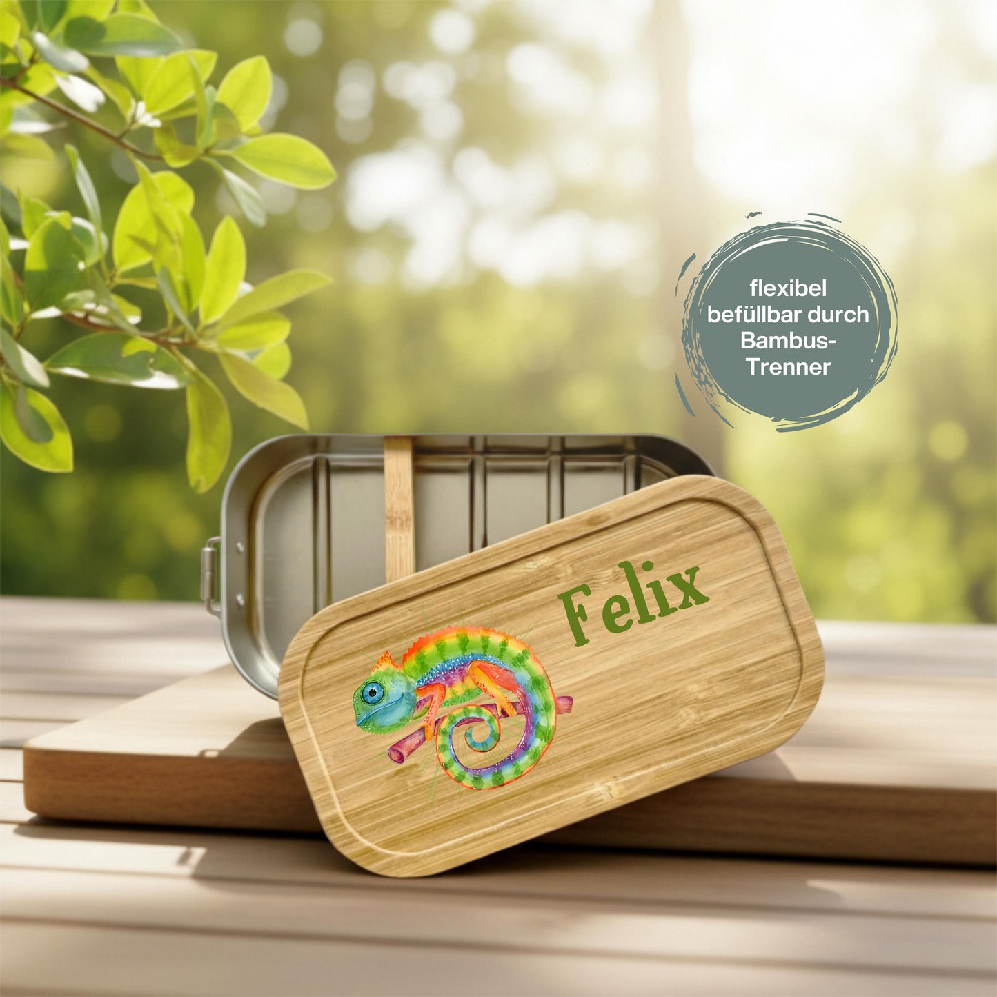Personalisierte Brotdose Edelstahl Kinder mit Namen | Chamäleon Lunchbox Kindergarten & Schule