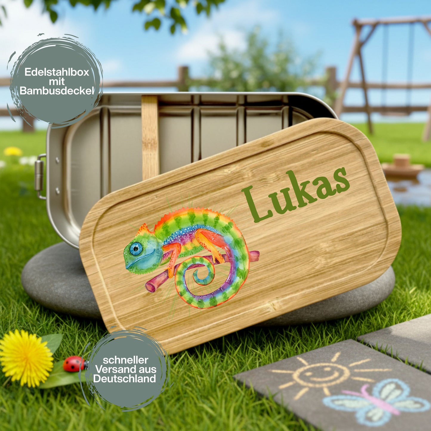 Personalisierte Brotdose Edelstahl Kinder mit Namen | Chamäleon Lunchbox Kindergarten & Schule