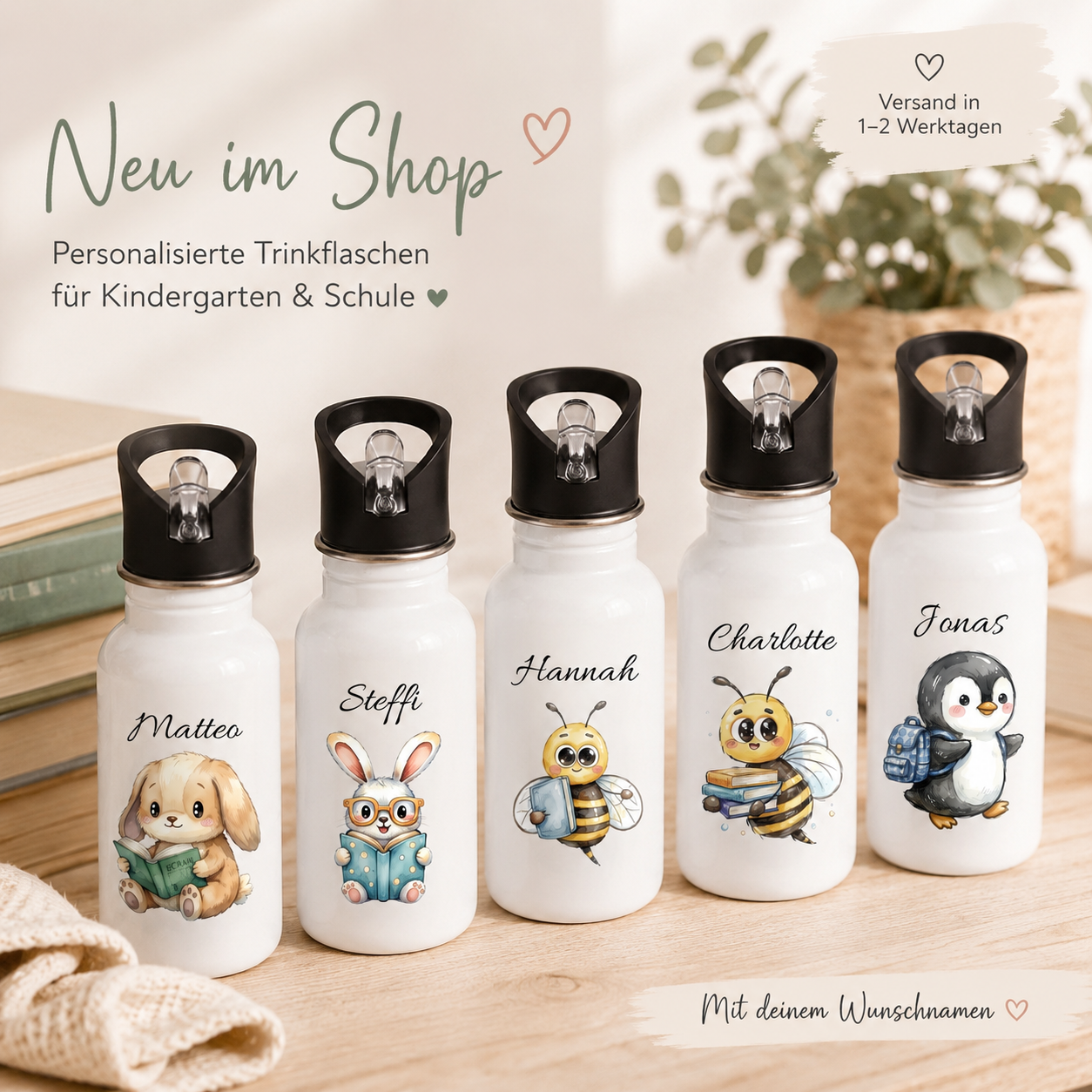 Personalisierte Trinkflasche Kinder mit Namen | Hase Biene Pinguin | Edelstahl Kinder Trinkflasche mit Strohhalm | Kindergarten Schule