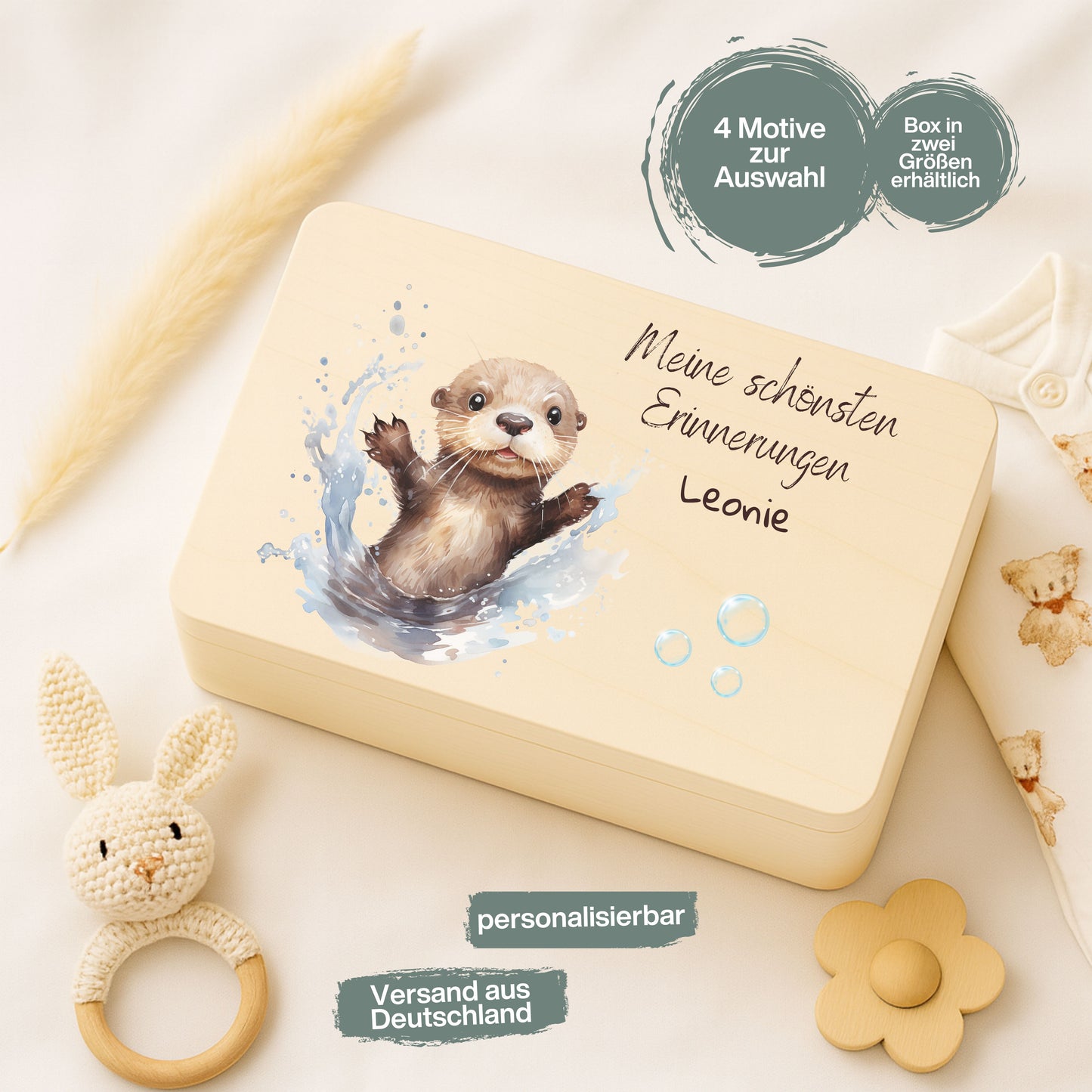 Holzkiste Kinder personalisiert mit Namen | Otter Erinnerungskiste Geburt & Taufe