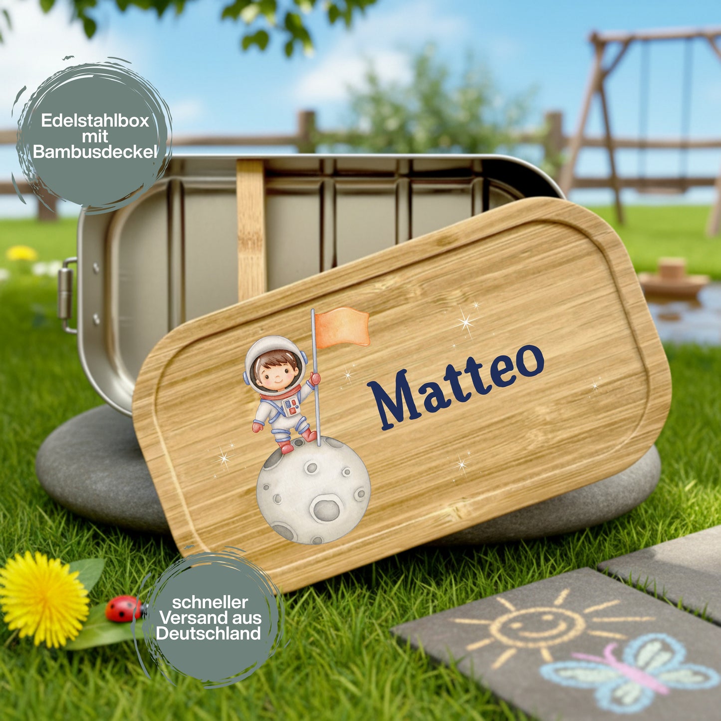 Personalisierte Brotdose Edelstahl Kinder mit Namen | Astronaut Lunchbox Kindergarten & Schule