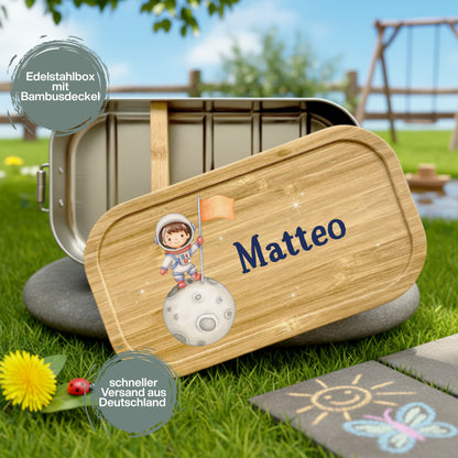 Personalisierte Brotdose Edelstahl Kinder mit Namen | Astronaut Lunchbox Kindergarten & Schule
