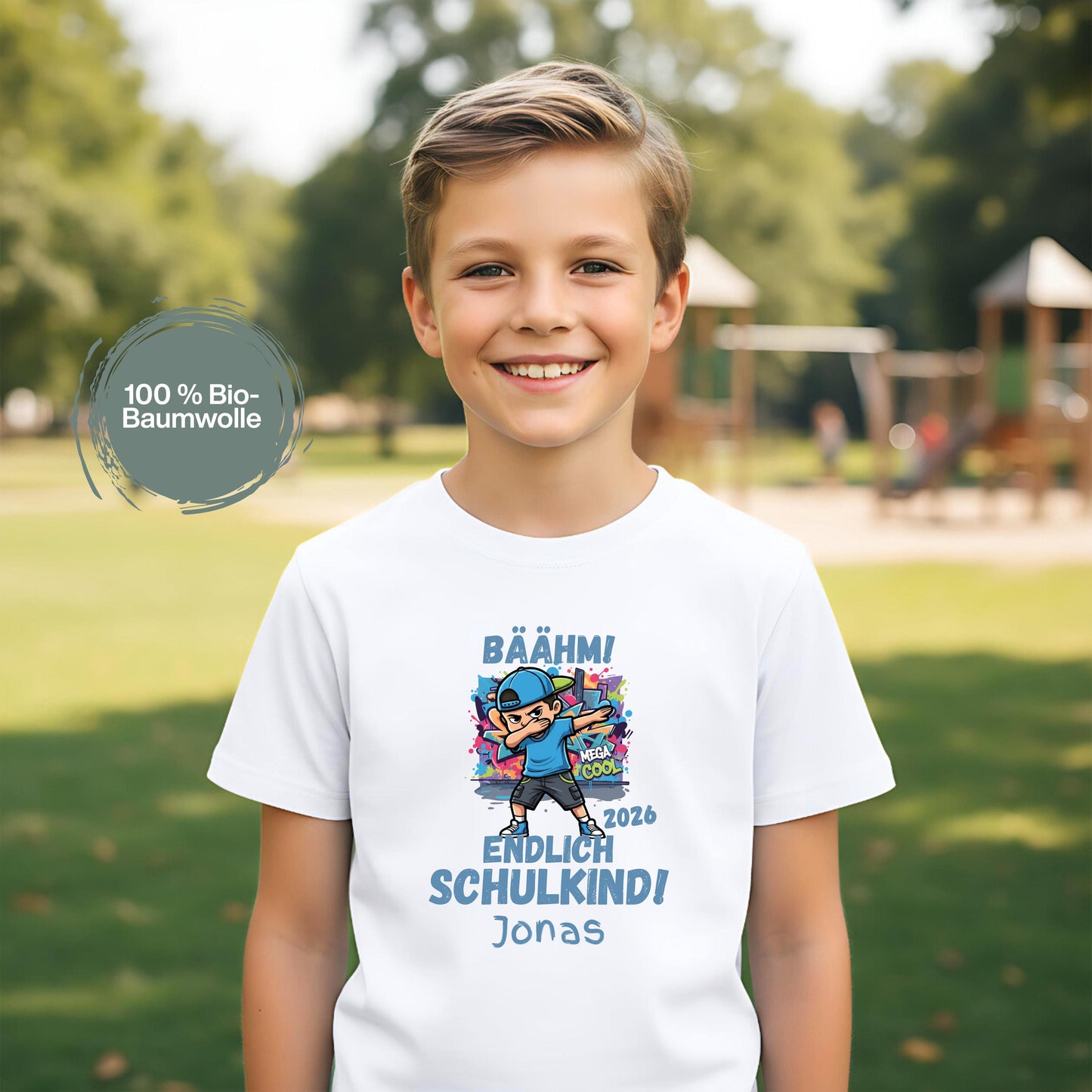 Personalisiertes Schulkind T-Shirt 2026 mit coolem Dabbing Jungen Motiv und Aufdruck „Endlich Schulkind“, gestaltet als modernes Einschulungsshirt für Jungen. Das Schulkind Shirt 2026 zeigt ein Kind und steht für Selbstbewusstsein, Freude und den Schulanfang. Ideal als Geschenk zur Einschulung, Schulanfang Geschenk oder Überraschung zum ersten Schultag. Perfektes Einschulung Outfit für Erstklässler, personalisierbar mit Name, geeignet für Schule, Einschulungsfeier oder erstes Klassenfoto.