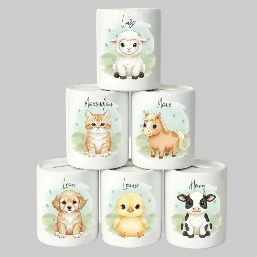 Spardose Tiere personalisiert mit Namen | Kinderspardose Bauernhof | Geschenk Geburt Taufe Geburtstag Weihnachten